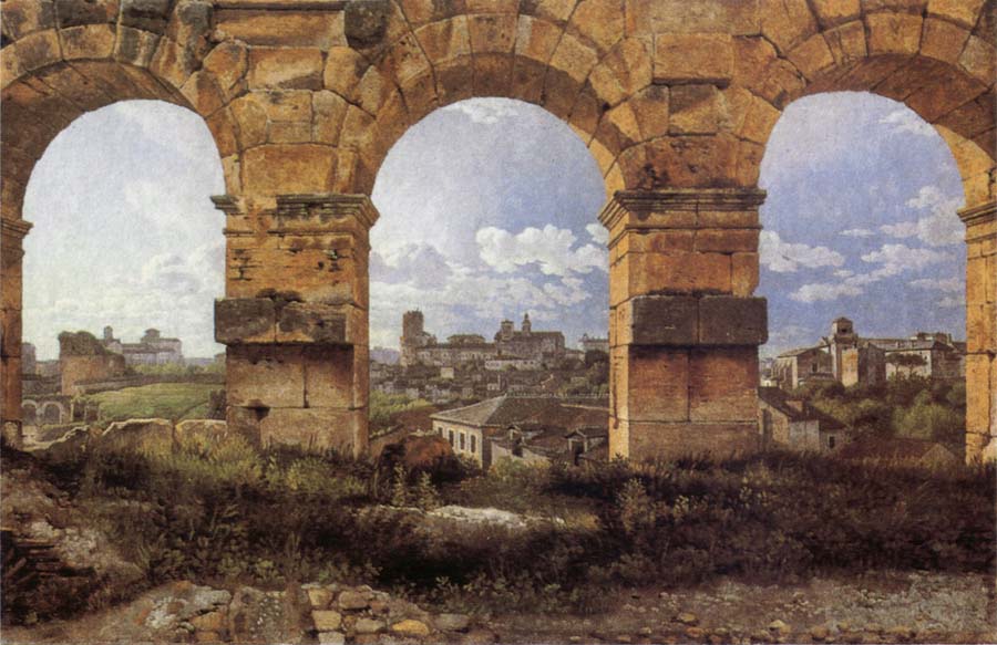 View through three northwest arches of the Colossum in Rome,Storm gathering over the city